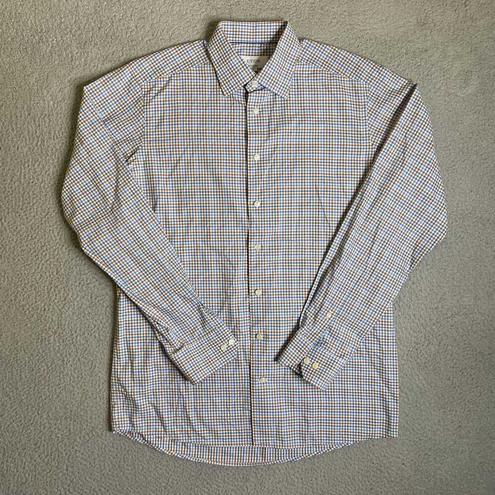 Eton Contemporary Shirt Mens Large 16 41 Blue Plaid Long Sleeve Preppy Casual